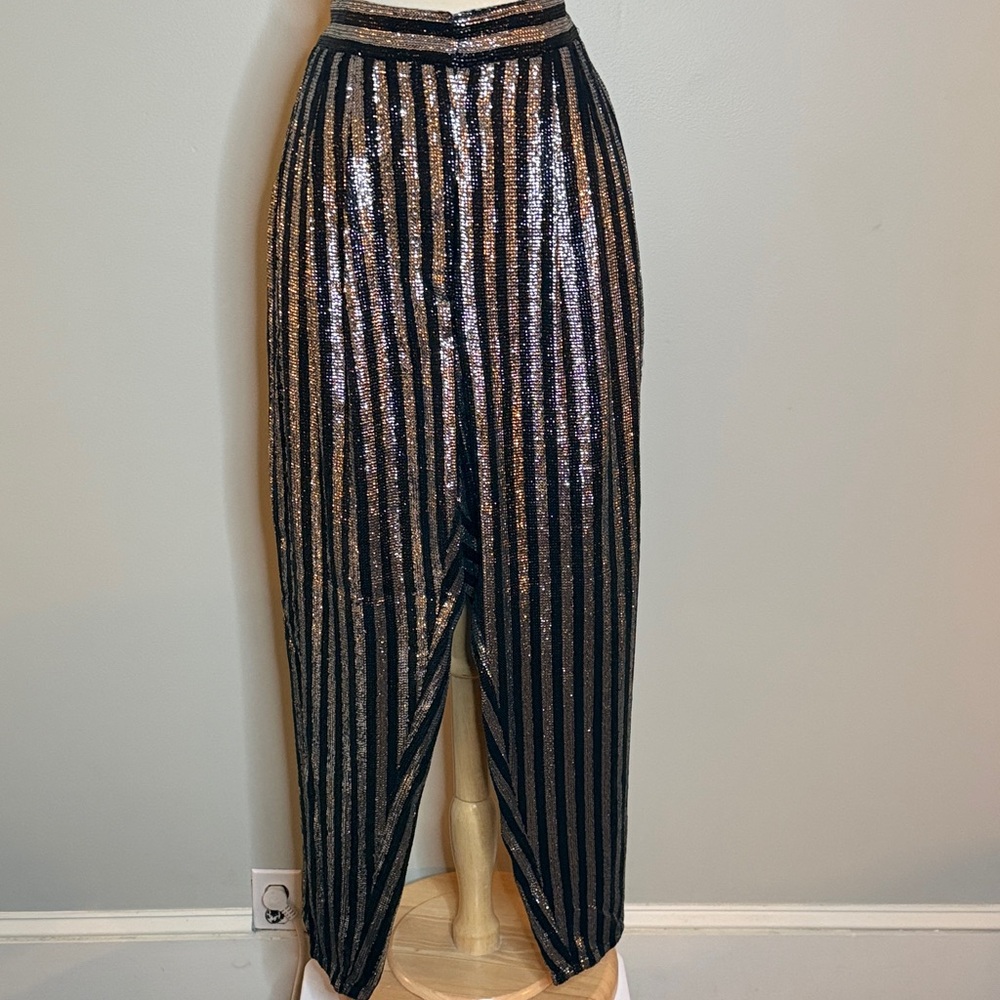 Black and Silver Sequined Striped High-Waisted Pleated Trousers